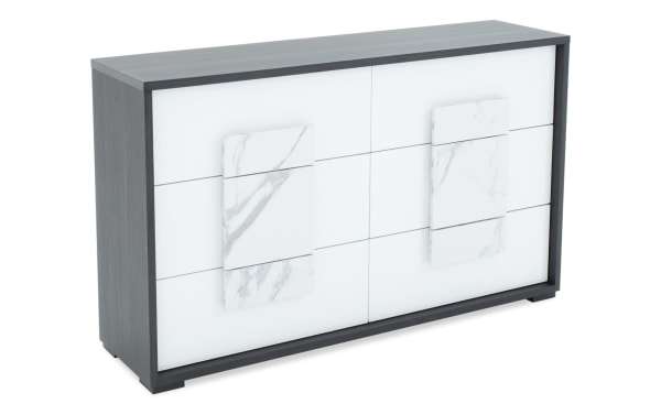 Milan Gray & White 6 Drawer Dresser from Milan Bedroom collection, contemporary MDF dresser with faux marble drawer fronts and felt-lined top drawers.