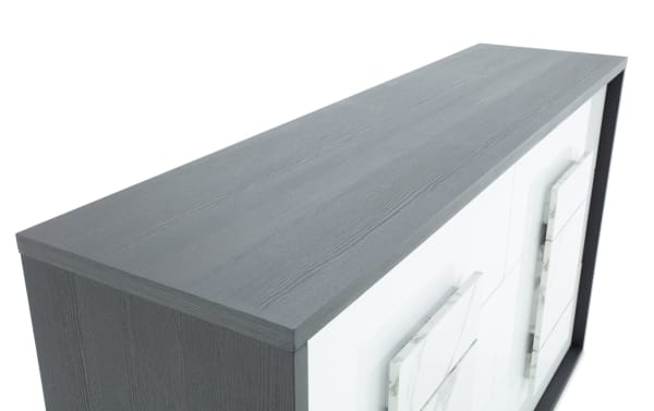 Contemporary Milan Gray & White 6 Drawer Dresser in MDF with faux marble drawer fronts, gray wood grain top, and felt-lined top drawers for delicate storage.
