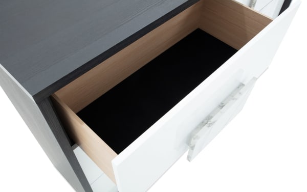 Contemporary Milan Gray & White 6 Drawer Dresser in MDF with faux marble handle, felt-lined top drawer, and sleek gray and white finish.