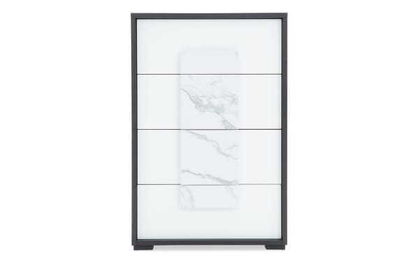 Contemporary Milan Gray & White 4 Drawer Chest from Milan Bedroom collection, MDF with faux marble finish and felt-lined top drawers.