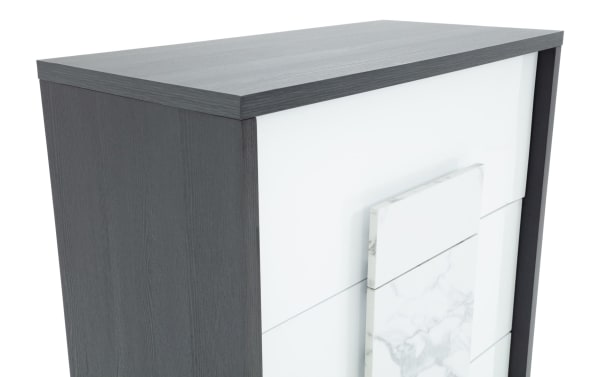 Contemporary Milan Gray & White 4 Drawer Chest from Milan Bedroom collection, MDF with faux marble finish and felt-lined top drawers for storage.