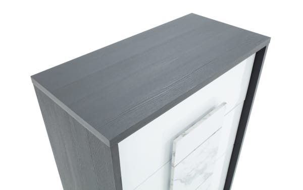 Contemporary Milan Gray & White 4 Drawer Chest from Milan Bedroom collection, MDF with faux marble drawer fronts and felt-lined top drawers.