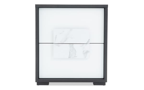 Contemporary Milan Gray & White 2 Drawer Nightstand from Milan Bedroom collection, featuring MDF construction, faux marble finish, and felt-lined top drawer.