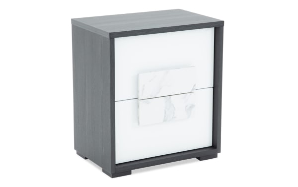 Contemporary Milan Gray & White 2 Drawer Nightstand from Milan Bedroom collection, MDF with faux marble drawer fronts and felt-lined top drawer.