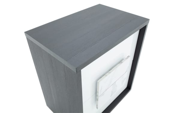 Contemporary Milan Gray & White 2 Drawer Nightstand from Milan Bedroom collection, featuring gray MDF frame, white front, and faux marble drawer handles.