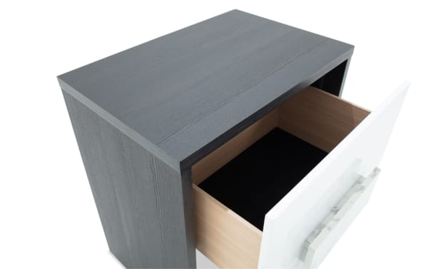 Contemporary Milan Gray & White 2 Drawer Nightstand in MDF with faux marble finish, felt-lined top drawer, and ample storage from Milan Bedroom collection.