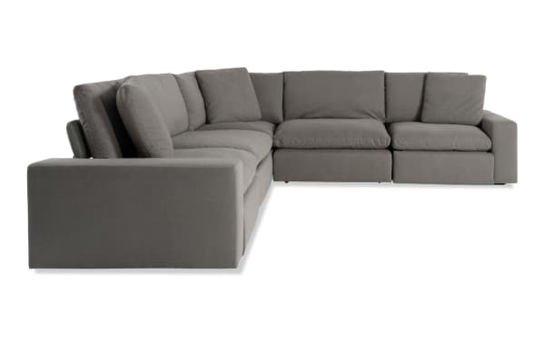 Dream Gray 131'' Power Reclining 5 Piece Modular Sectional in gray polyester fabric with 2 recliners, 2 armless chairs, corner piece, and power headrests.