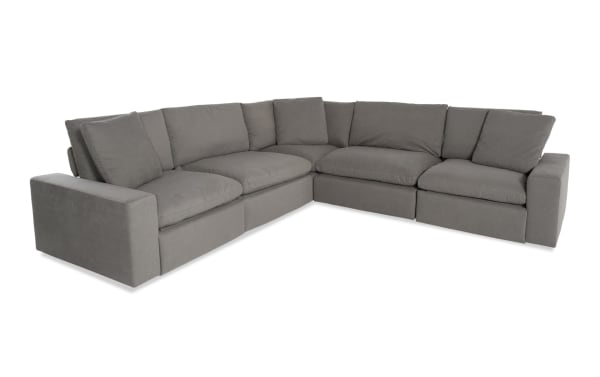 Dream Gray 131'' Power Reclining 5 Piece Modular Sectional with power headrests, 2 recliners, 2 armless chairs, and corner in gray polyester fabric, transitional style.