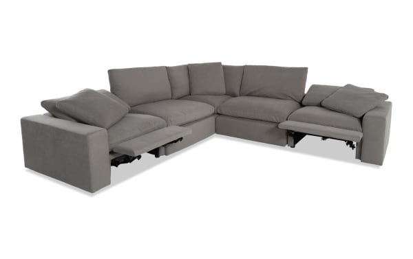 Dream Gray 131'' Power Reclining 5 Piece Modular Sectional with power headrests, 2 recliners, 2 armless chairs, corner unit, gray polyester fabric, transitional style, reversible cushions with feather blend topper, modular design for customizable living room seating.