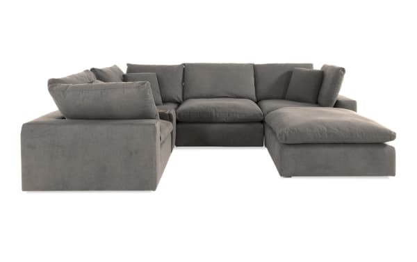 Dream Gray 131'' 6-piece modular sectional sofa in gray polyester fabric with USB/USB-C ports, transitional style, reversible cushions, and console.