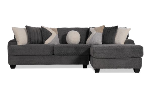 Doodle Gray 114'' 2 Piece Right Arm Facing Sleeper Chaise Sectional in gray polyester fabric with transitional style, includes accent pillows and gel memory foam mattress.