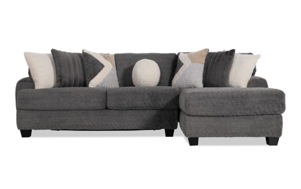 Doodle Gray 114" 2-piece right arm facing sleeper chaise sectional in gray polyester fabric with transitional style, memory foam seating, and accent pillows.