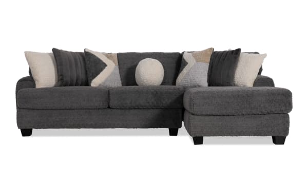 Doodle Gray 114'' 2 Piece Right Arm Facing Chaise Sectional in gray polyester fabric with transitional style, includes accent pillows and memory foam seating.