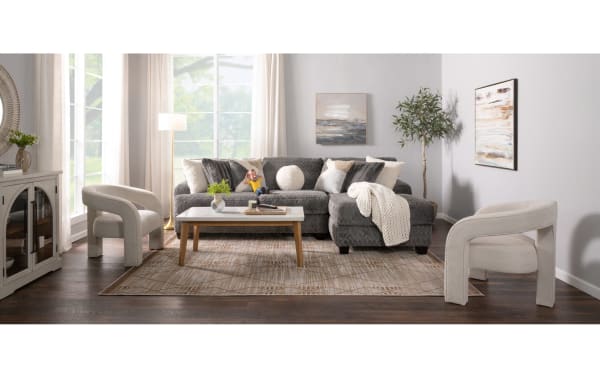 Doodle Gray 114'' 2 Piece Right Arm Facing Chaise Sectional in gray polyester fabric, transitional style with memory foam seating and accent pillows.