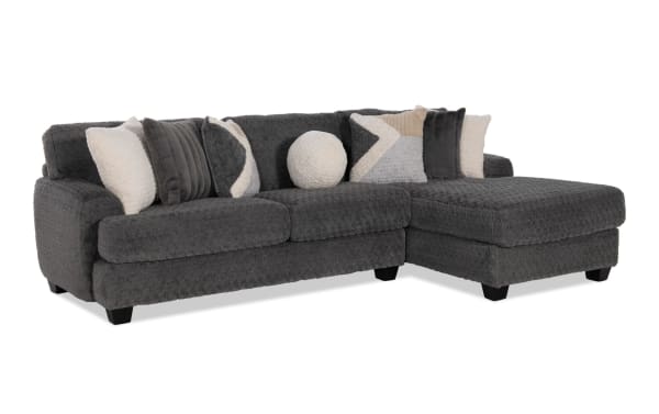 Doodle Gray 114'' 2 Piece Right Arm Facing Chaise Sectional in gray polyester fabric, transitional style with memory foam seating and decorative accent pillows.