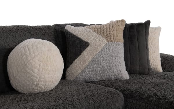 Doodle Gray 114'' 2 Piece Right Arm Facing Chaise Sectional in gray polyester fabric with textured, plush accent pillows, transitional style.
