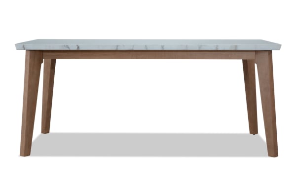 Rectangular Elm Natural & Marble Dining Table with white marble top and sturdy natural wood legs, transitional style for kitchen or dining rooms.