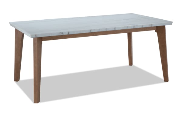 Transitional Elm Dining collection table with bold rectangular white marble top and natural wood legs, crafted from marble and MDF for durability.