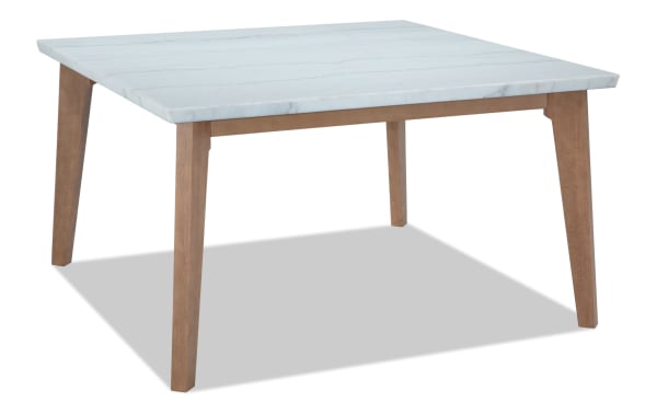 Elm Natural & Marble Square Dining Table with white marble top and natural wood legs, transitional style from Elm Dining collection, durable MDF base.