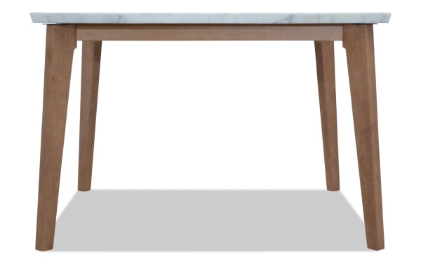 Transitional Elm Dining square dining table with natural wood legs and elegant white marble MDF tabletop, counter height for kitchen or dining room.