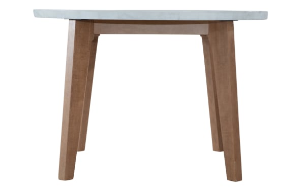 Round Elm Natural & Marble Dining Table with white marble top and sturdy natural wood legs, from Elm Dining collection, transitional style.