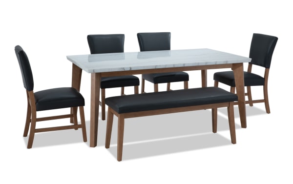 Elm 6 Piece Natural Marble & Gray Faux Leather Upholstered Dining Set with bench, featuring a marble tabletop, gray faux leather seating, and transitional style.