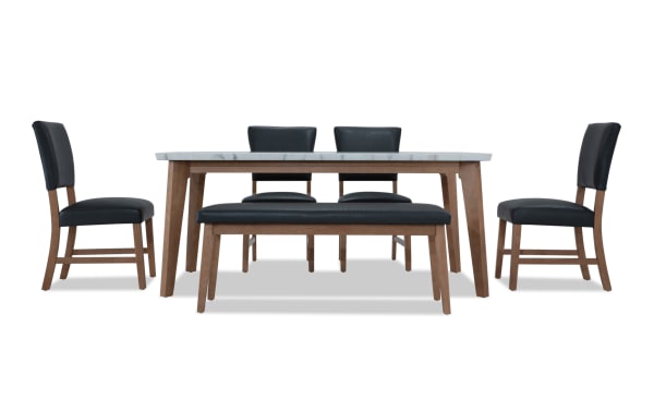 Elm 6 Piece Natural Marble & Gray Faux Leather Upholstered Dining Set with bench, featuring a marble tabletop, gray faux leather seats, and transitional wood frame.