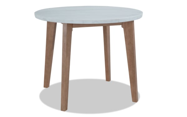 Round Elm Dining transitional style counter height dining table with a white marble top and natural wood tapered legs, crafted from marble and MDF.
