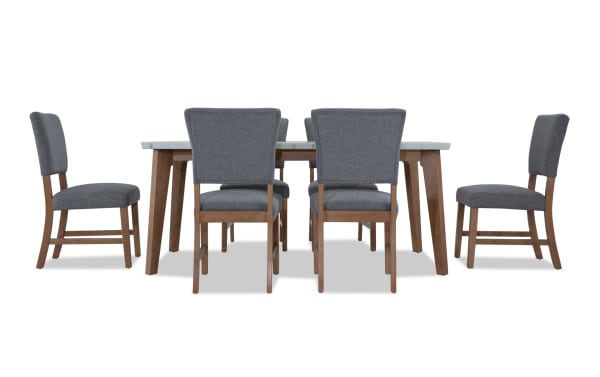 Elm 7 Piece Natural Marble & Light Gray Upholstered Dining Set with transitional style, marble tabletop, and plush polyester fabric chairs.