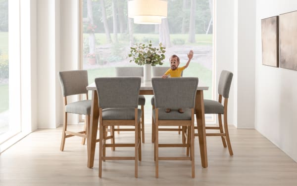 Elm 7 Piece Natural, Marble & Light Gray Upholstered Dining Set with transitional style, marble tabletop, and plush polyester fabric seating.
