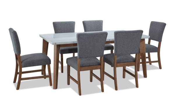 Elm 7 Piece Natural Marble & Light Gray Upholstered Dining Set with plush polyester fabric chairs, marble tabletop, and wood legs in transitional style.