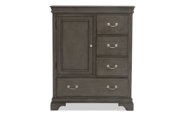 Middleton Gray 4 Drawer Wardrobe in classic gray MDF with transitional style, featuring one door and four drawers for versatile bedroom storage.