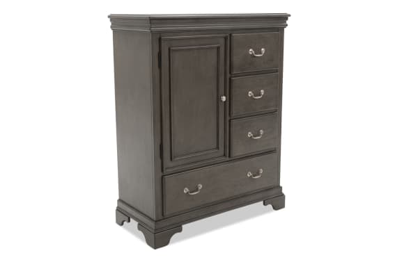 Middleton Gray 4 Drawer Wardrobe in classic gray MDF with transitional style, featuring one cabinet door and four metal-handle drawers for bedroom storage.