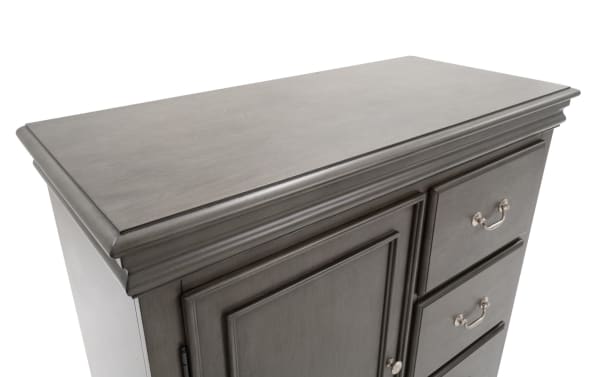 Middleton Gray 4 Drawer Wardrobe in classic gray MDF with transitional style, featuring a cabinet door and silver-tone handles for bedroom storage.
