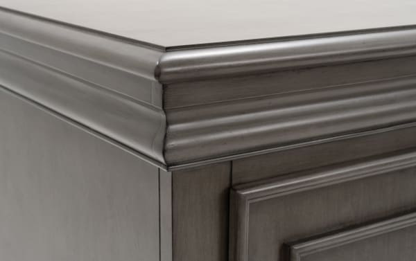 Transitional Middleton Gray 4 Drawer Wardrobe corner detail showing classic gray MDF finish and decorative molding from Middleton Bedroom collection.