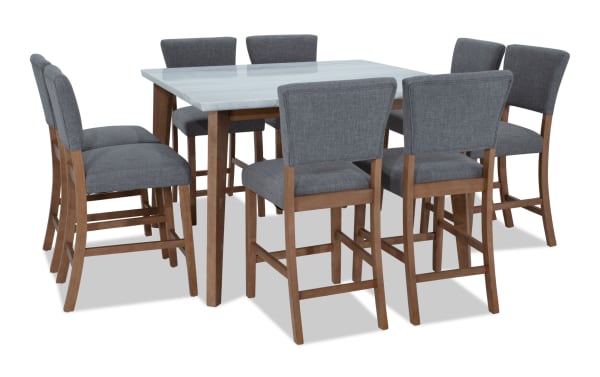 Elm 9 Piece Natural Elm Dining set with light gray polyester upholstered counter height chairs and elegant marble tabletop in transitional style.