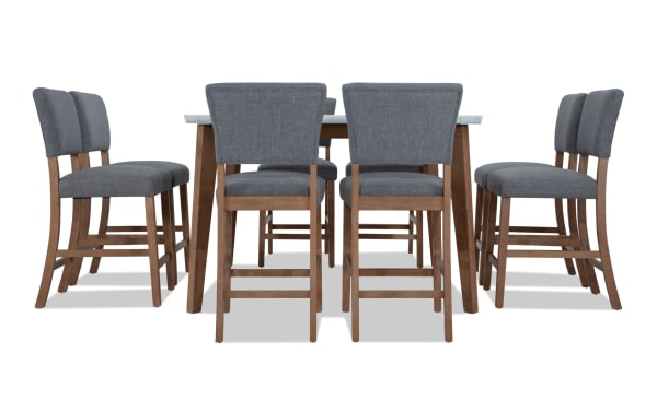 Elm 9 Piece Natural marble and light gray upholstered counter height dining set with plush polyester fabric seats, wood legs, and transitional style.