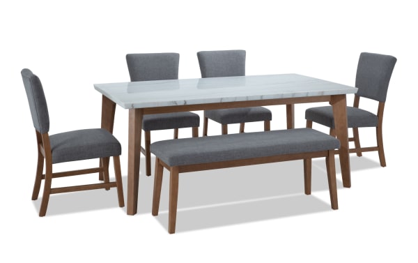 Elm 6 Piece Natural, Marble & Light Gray Upholstered Dining Set with Bench featuring a marble tabletop, light gray polyester fabric seats, and wood legs in transitional style.