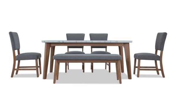 Elm 6 Piece Natural Marble & Light Gray Upholstered Dining Set with bench, featuring a marble tabletop, light gray polyester fabric, and transitional wood frame.