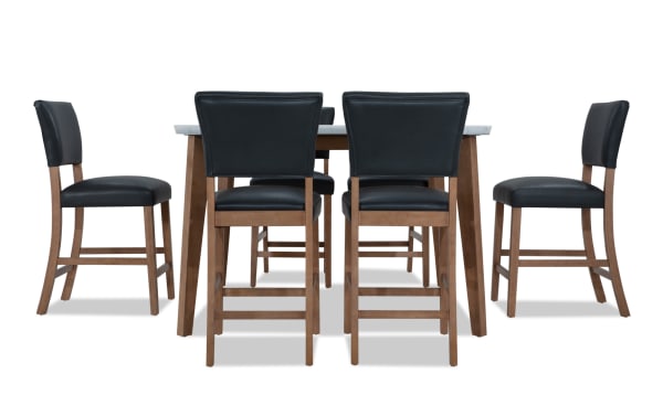 Elm 7 Piece Natural Marble & Gray Faux Leather Upholstered Counter Height Square Dining Set with plush memory foam seating, transitional style, and gray faux leather chairs.