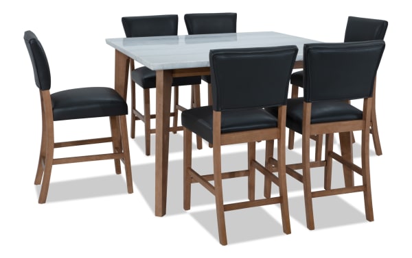 Elm 7 Piece Natural Marble & Gray Faux Leather Upholstered Counter Height Square Dining Set with plush memory foam seats, transitional style