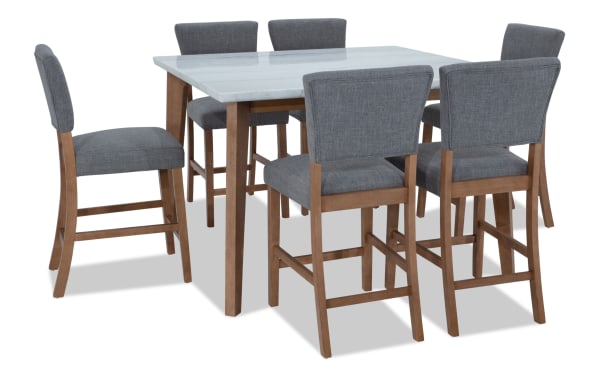 Elm 7 Piece Natural Marble & Light Gray Upholstered Counter Height Dining Set with plush polyester fabric seats, marble tabletop, and transitional wood frame.