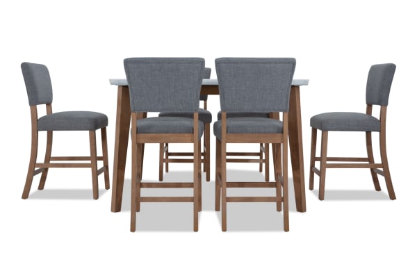 Elm 7 Piece Natural Elm Dining set with light gray polyester fabric upholstered counter height chairs, marble tabletop, and transitional style wood frame.