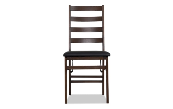 Brown & Black Faux Leather Ladder Back Folding Dining Chair with padded black faux leather seat, dark wood MDF frame, and sturdy transitional design.