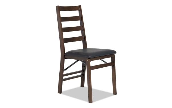 Brown & Black Faux Leather Ladder Back Folding Dining Chair with padded black faux leather seat, sturdy MDF frame, and transitional style for extra seating.
