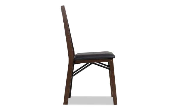 Brown & Black Faux Leather Ladder Back Folding Dining Chair with padded black faux leather seat, sturdy brown MDF frame, and transitional style.
