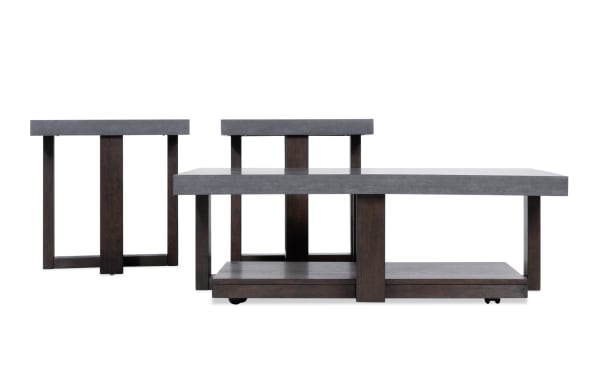 Contemporary Atlas Entertainment & Occasional coffee and 2 end table set in gray faux-concrete melamine and dark brown MDF, moisture-resistant finish.