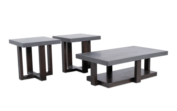 Contemporary Atlas Gray & Dark Brown Coffee and 2 End Table Set with faux-concrete melamine finish, moisture and heat resistant, from Atlas Entertainment & Occasional collection.