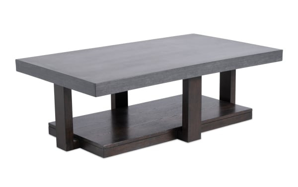 Contemporary Atlas Gray & Dark Brown Coffee Table with lower shelf, melamine board and MDF construction, faux-concrete finish, moisture-resistant.