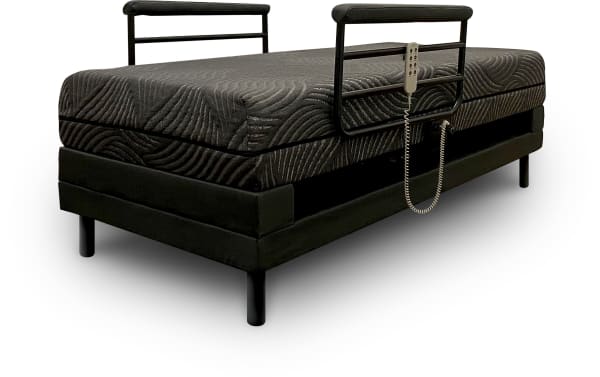 Freedom Twin XL Lift Bed with black memory foam mattress, metal side rails, remote control, and built-in USB port for adjustable sleep and standing support.